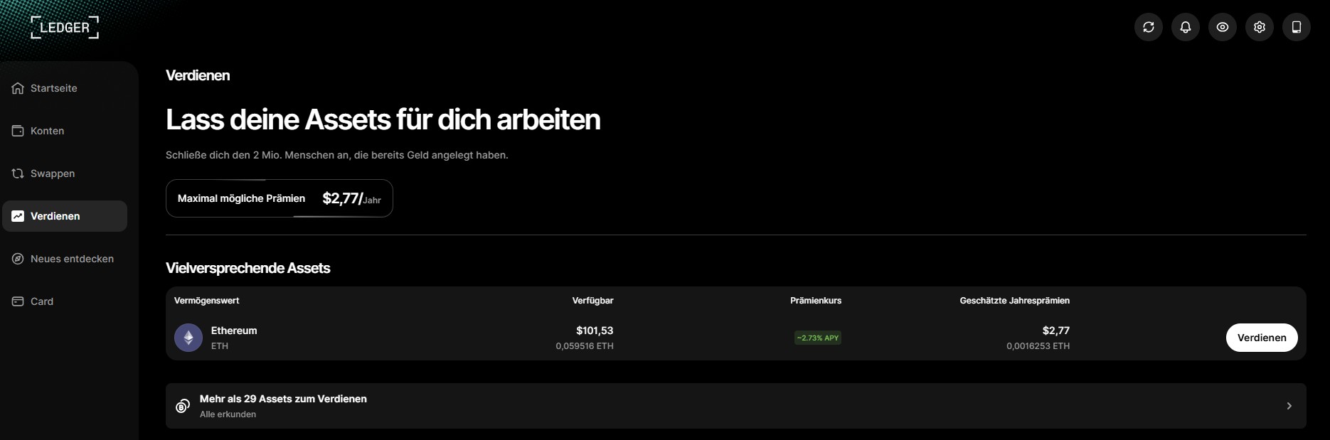 Staking-Bereich in Ledger Live mit Übersicht der verfügbaren Kryptowährungen und geschätzten jährlichen Staking-Erträge.