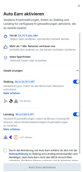 Bitvavo Auto Earn mit Staking- und Lending-Funktion zur Erzielung passiver Erträge auf unterstützte Kryptowährungen.