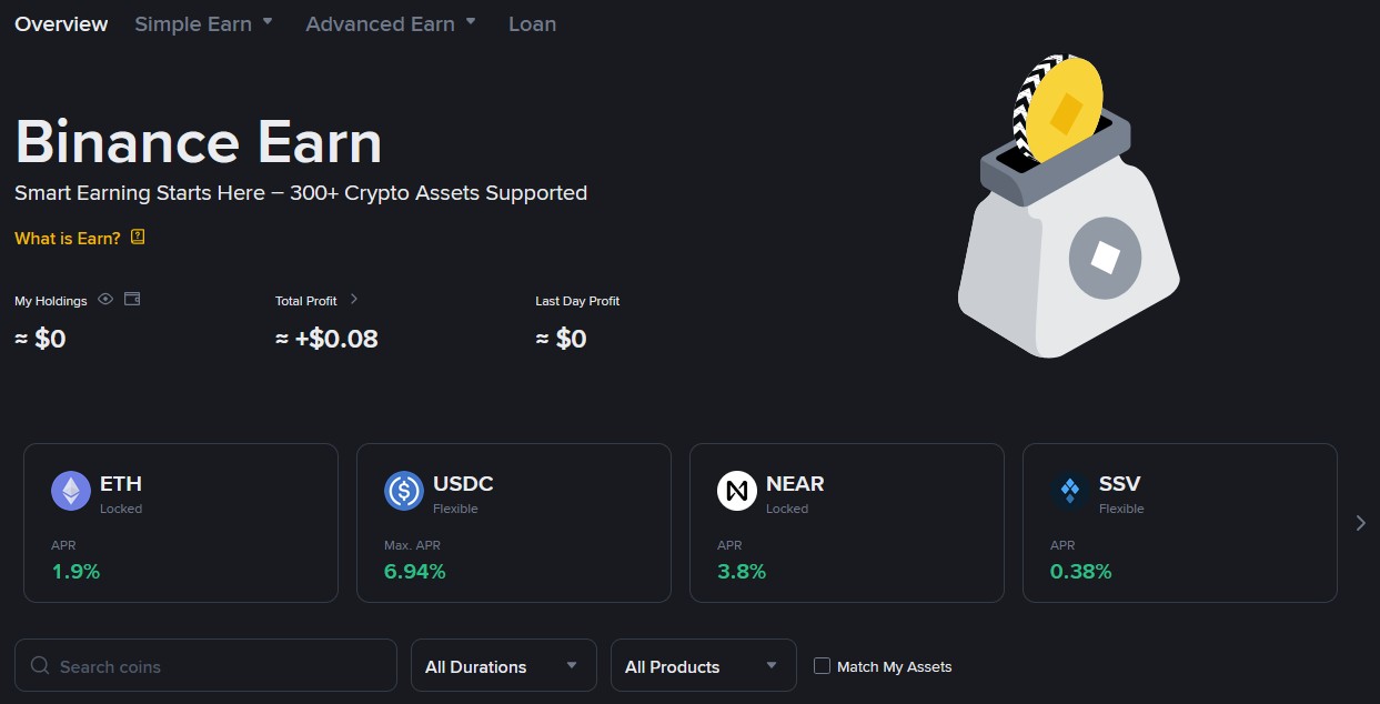 Binance Earn mit flexiblen und gesperrten Staking-Produkten für Kryptowährungen.