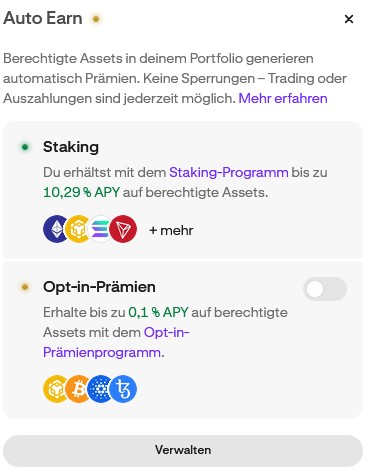 „Auto-Earn-Einstellungen in der Kraken-App mit Optionen für Staking und Opt-in-Prämien zur Erzielung automatischer Erträge.“