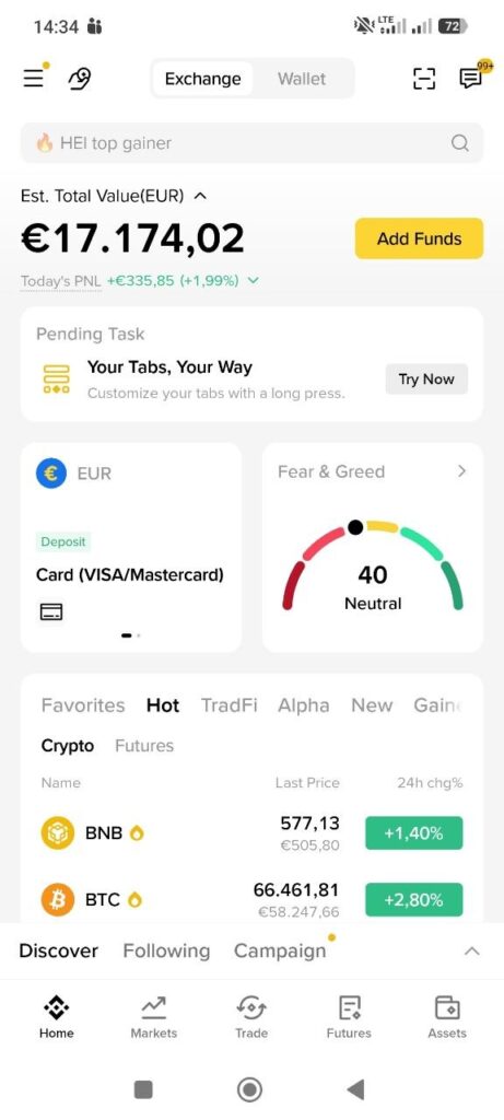 Startbildschirm der Binance-App mit Portfolioübersicht, Kontostand, BNB- und Bitcoin-Kursen sowie Handelsfunktionen
