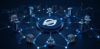 Stellar-Offensive: MoneyGram stärkt Blockchain – Milliarden-Projekte folgen Stilisiertes Stellar-Netzwerk mit verbundenen Validatoren und Finanzinstituten als Symbol für mehr Sicherheit und Dezentralisierung der Blockchain.