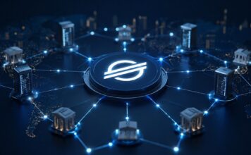 Stellar-Offensive: MoneyGram stärkt Blockchain – Milliarden-Projekte folgen Stilisiertes Stellar-Netzwerk mit verbundenen Validatoren und Finanzinstituten als Symbol für mehr Sicherheit und Dezentralisierung der Blockchain.