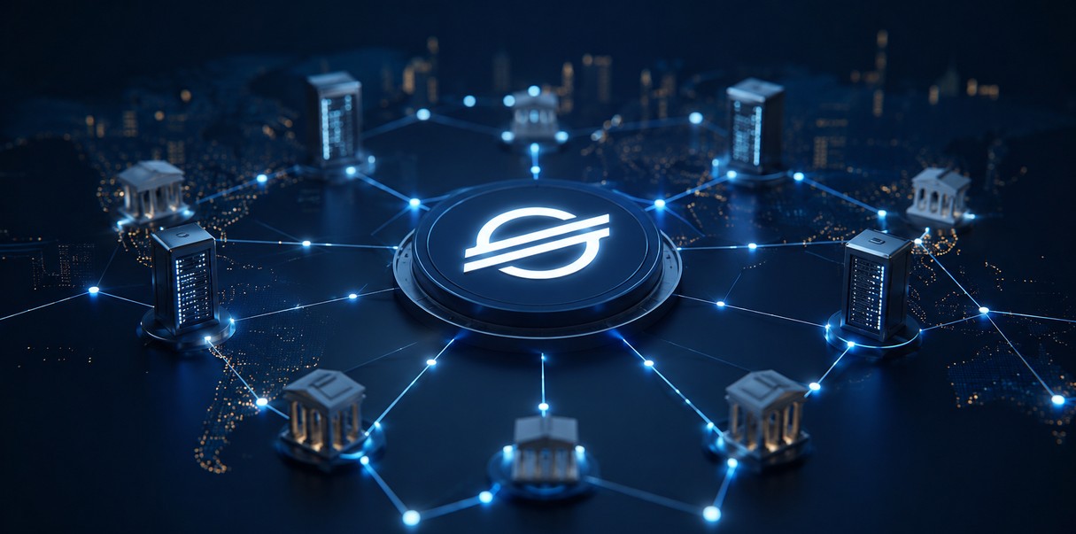 Stilisiertes Stellar-Netzwerk mit verbundenen Validatoren und Finanzinstituten als Symbol für mehr Sicherheit und Dezentralisierung der Blockchain.