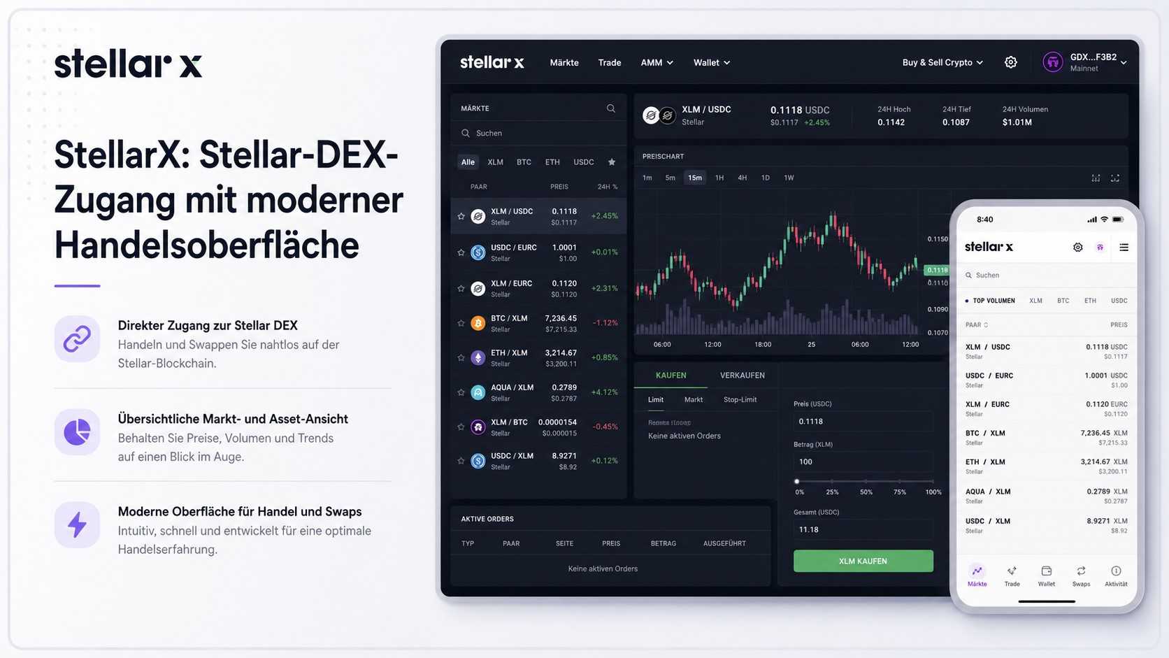 StellarX Handelsoberfläche für Stellar DEX und Assets
