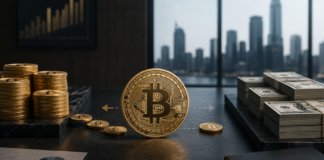 Strategy schafft mehr Flexibilität bei Bitcoin-Käufen und Kapitalallokation Bitcoin-Münzen und US-Dollar symbolisieren Strategys flexiblere Kapitalallokation zwischen BTC und Dollarreserven.