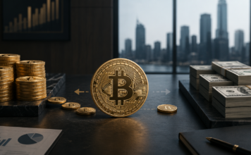 Bitcoin-Münzen und US-Dollar symbolisieren Strategys flexiblere Kapitalallokation zwischen BTC und Dollarreserven.