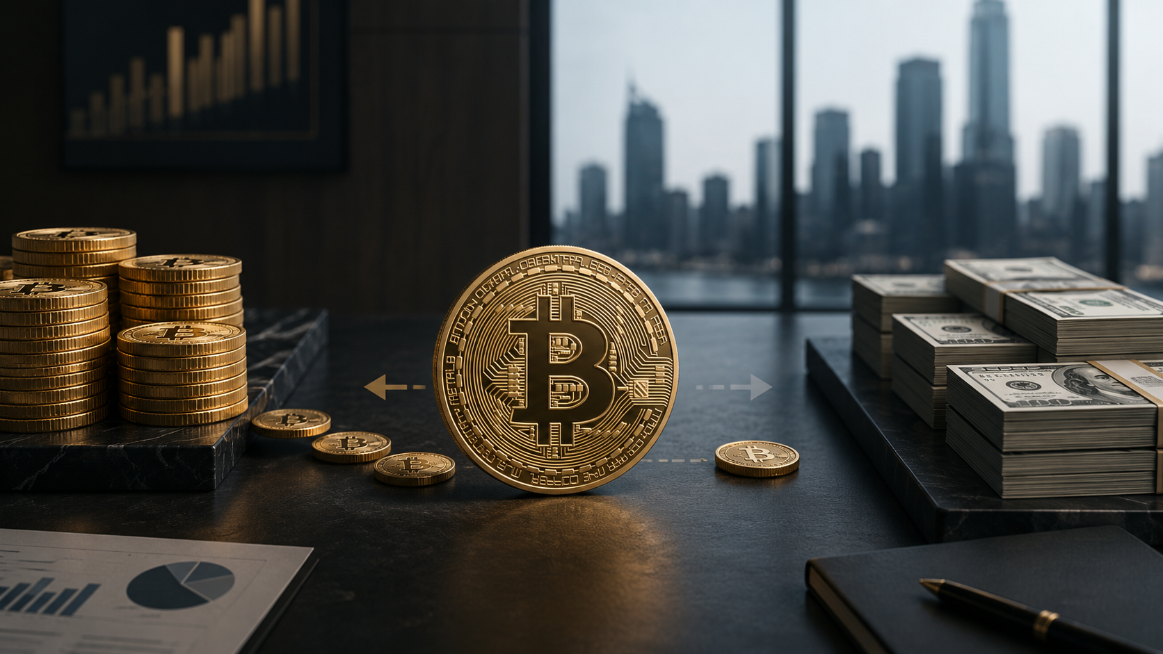 Bitcoin-Münzen und US-Dollar symbolisieren Strategys flexiblere Kapitalallokation zwischen BTC und Dollarreserven.