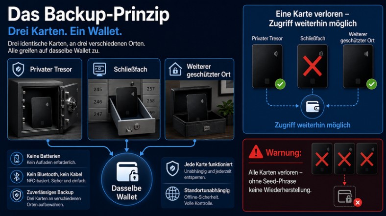 Infografik zum Tangem-Backup-Prinzip mit drei Karten für ein gemeinsames Wallet.