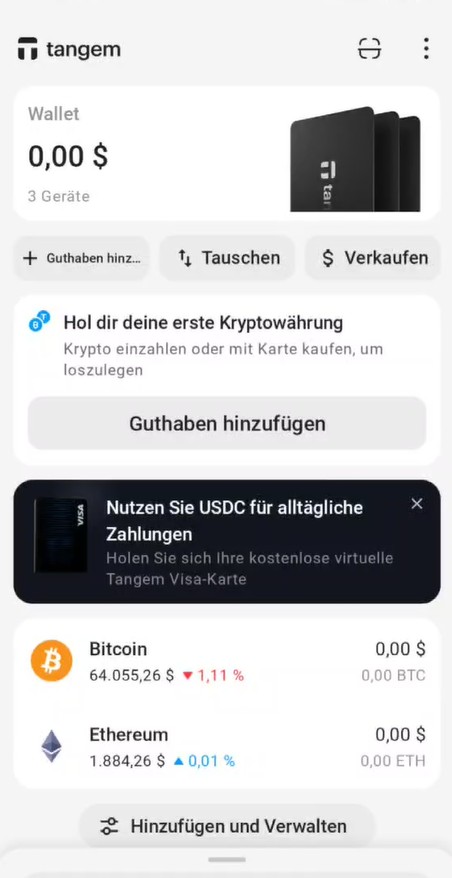 Tangem Wallet App mit leerem Krypto-Wallet und Bitcoin- sowie Ethereum-Übersicht.