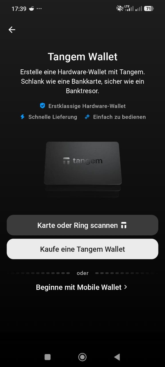 Screenshot der Tangem-App mit Auswahlmöglichkeiten zum Scannen einer Tangem-Karte oder eines Rings, zum Kauf einer Tangem Wallet oder zum Starten einer mobilen Wallet.