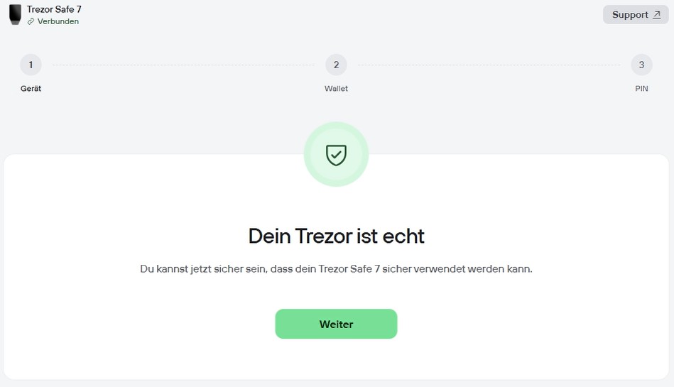 Echtheitsprüfung des Trezor Safe 7 während der Ersteinrichtung