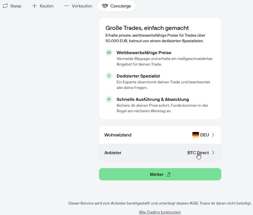 Trezor Concierge-Service für den Kauf und Verkauf großer Kryptowährungsbeträge