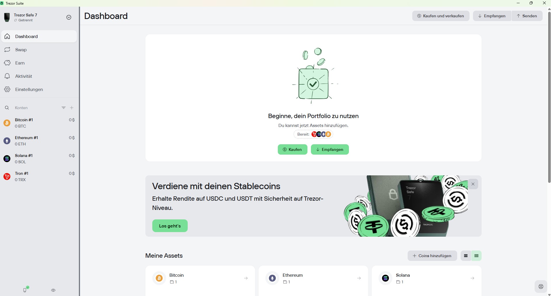 Dashboard der Trezor Suite mit Trezor Safe 7 und Übersicht über Bitcoin-, Ethereum-, Solana- und Tron-Konten.