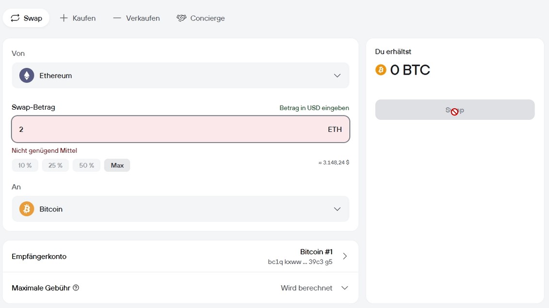 Kryptowährungen in der Trezor Suite direkt zwischen Ethereum und Bitcoin tauschen