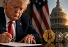 Donald Trump unterzeichnet ein Dokument neben Bitcoin-, Ethereum- und XRP-Münzen vor dem US-Kapitol.