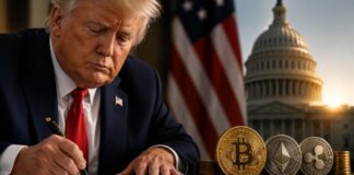 BREAKING: Trump ebnet Weg für Beschluss des Clarity Act – Bitcoin Kurs steigt Donald Trump unterzeichnet ein Dokument neben Bitcoin-, Ethereum- und XRP-Münzen vor dem US-Kapitol.