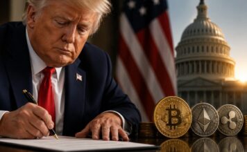 BREAKING: Trump ebnet Weg für Beschluss des Clarity Act – Bitcoin Kurs steigt Donald Trump unterzeichnet ein Dokument neben Bitcoin-, Ethereum- und XRP-Münzen vor dem US-Kapitol.