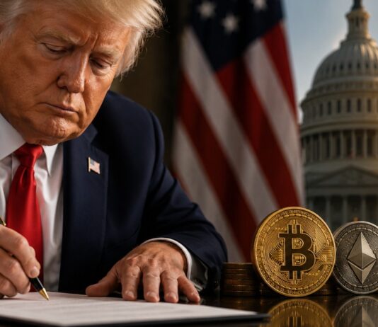 Donald Trump unterzeichnet ein Dokument neben Bitcoin-, Ethereum- und XRP-Münzen vor dem US-Kapitol.