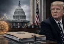 CLARITY Act: Senatoren legen neue Regeln zu Kryptobeteiligungen vor Donald Trump vor dem US-Kapitol mit Bitcoin-Symbol, Kursgrafik und Regierungsdokumenten.