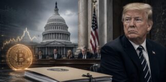CLARITY Act: Senatoren legen neue Regeln zu Kryptobeteiligungen vor Donald Trump vor dem US-Kapitol mit Bitcoin-Symbol, Kursgrafik und Regierungsdokumenten.
