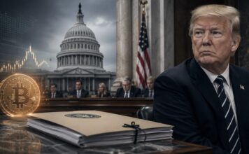 CLARITY Act: Senatoren legen neue Regeln zu Kryptobeteiligungen vor Donald Trump vor dem US-Kapitol mit Bitcoin-Symbol, Kursgrafik und Regierungsdokumenten.