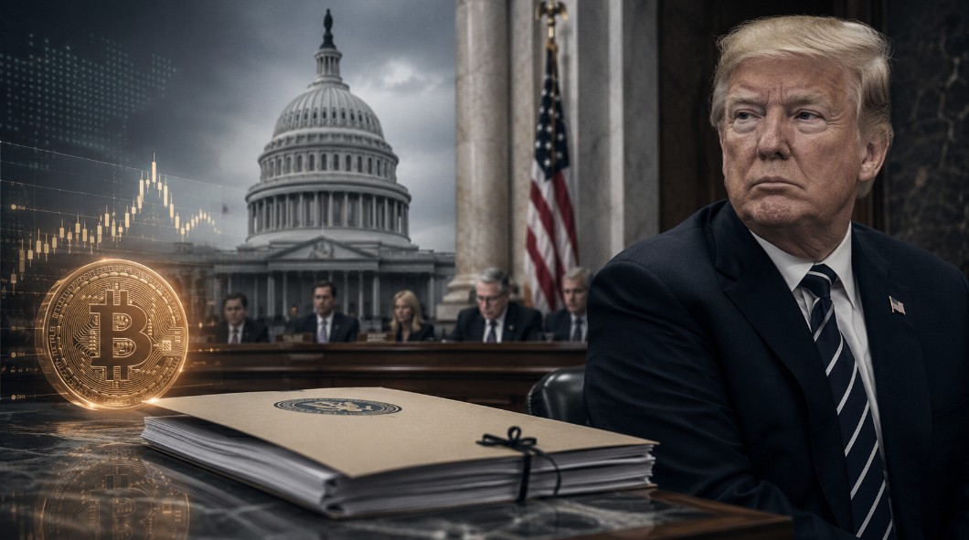 Donald Trump vor dem US-Kapitol mit Bitcoin-Symbol, Kursgrafik und Regierungsdokumenten.