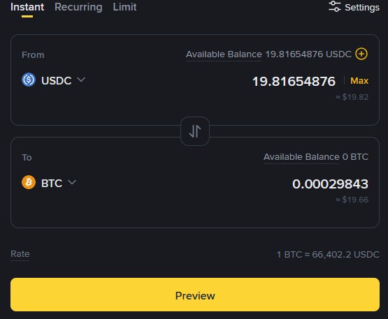 Binance-Konvertierungsfunktion zum Tausch von USDC in Bitcoin.