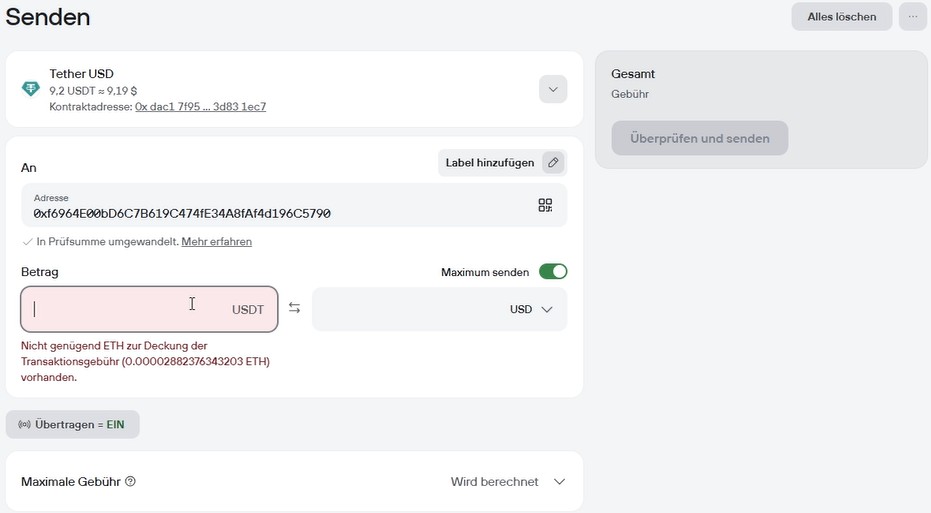 USDT ERC20 mit der Trezor Suite an eine andere Wallet senden