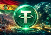 Bolivien prüft Integratoin von Stablecoin Tether (USDT) in nationales Zahlungssystem Tether-Logo im Zentrum einer futuristischen Finanzlandschaft mit Bolivien-Flagge, La Paz und globalen Zahlungsnetzwerken