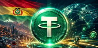 Tether-Logo im Zentrum einer futuristischen Finanzlandschaft mit Bolivien-Flagge, La Paz und globalen Zahlungsnetzwerken