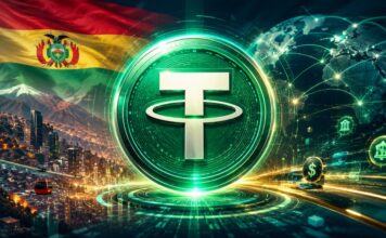 Tether-Logo im Zentrum einer futuristischen Finanzlandschaft mit Bolivien-Flagge, La Paz und globalen Zahlungsnetzwerken