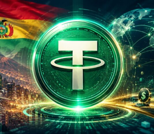 Tether-Logo im Zentrum einer futuristischen Finanzlandschaft mit Bolivien-Flagge, La Paz und globalen Zahlungsnetzwerken
