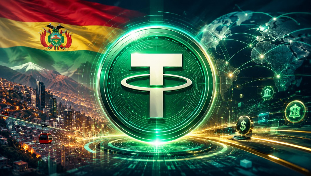 Tether-Logo im Zentrum einer futuristischen Finanzlandschaft mit Bolivien-Flagge, La Paz und globalen Zahlungsnetzwerken
