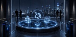 Uniswap baut Infrastruktur für tokenisierte Wertpapiere aus Uniswap-Logo über einem digitalen Liquiditätspool für institutionelle Anleger