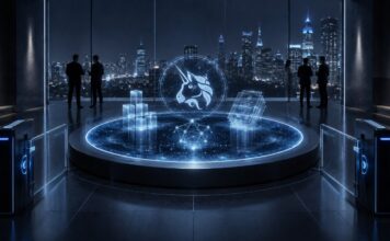 Uniswap baut Infrastruktur für tokenisierte Wertpapiere aus Uniswap-Logo über einem digitalen Liquiditätspool für institutionelle Anleger