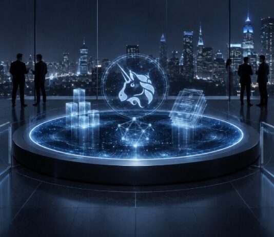 Uniswap-Logo über einem digitalen Liquiditätspool für institutionelle Anleger