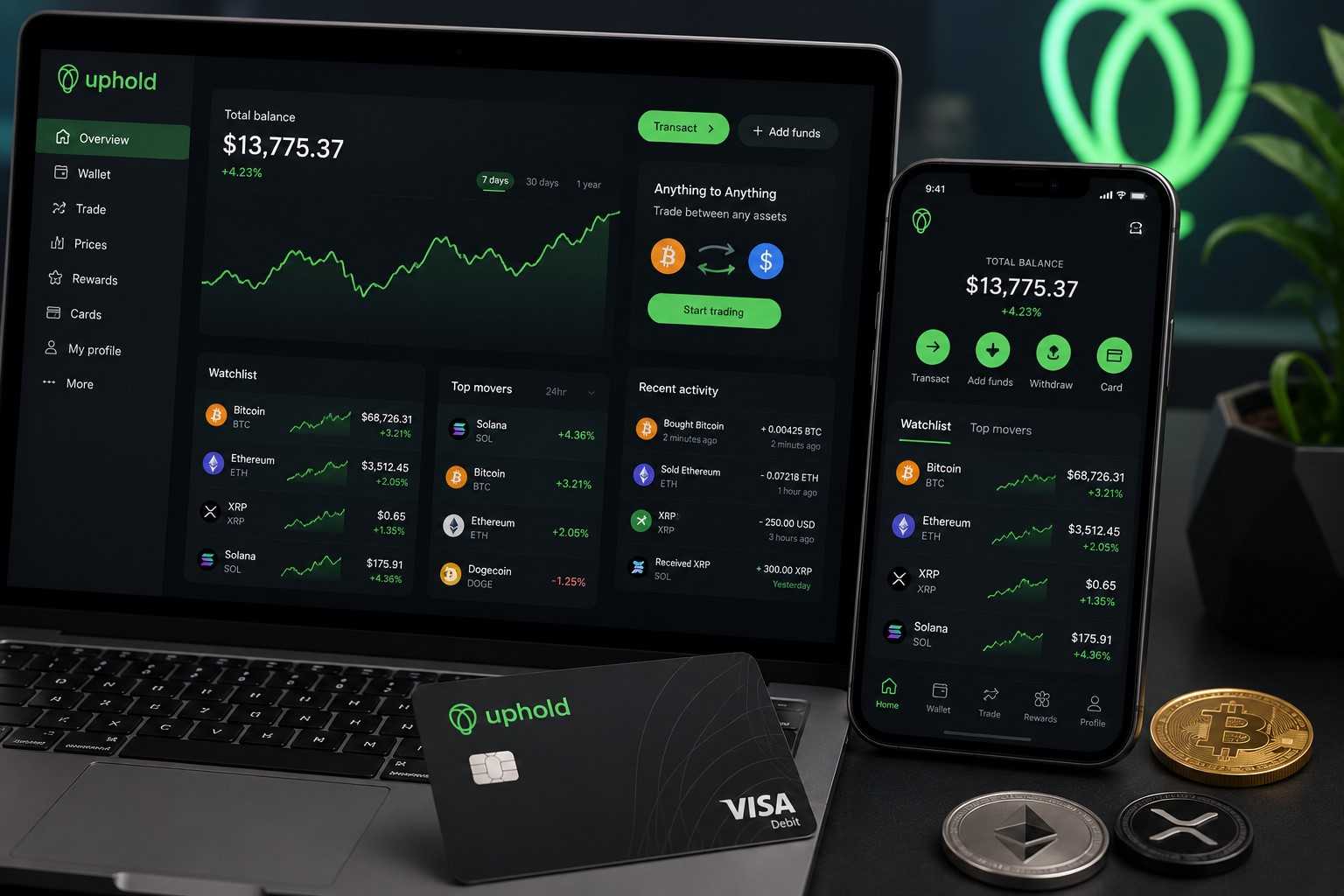 Uphold Handelsplattform auf Desktop und Smartphone