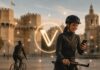 Radfahrerin in Valencia vor historischem Stadttor mit zentral eingeblendetem VeChain-Logo und digitalem Netzwerk.