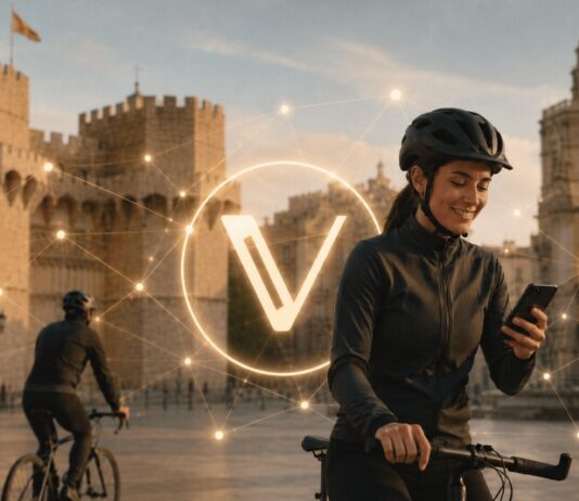 Radfahrerin in Valencia vor historischem Stadttor mit zentral eingeblendetem VeChain-Logo und digitalem Netzwerk.