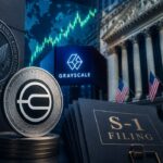 Worldcoin-Token vor Börsengebäude und Finanzsymbolen als Darstellung des geplanten Grayscale-Spot-ETF.