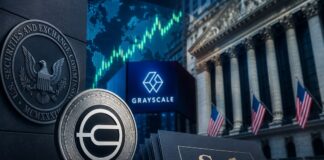Grayscale beantragt weltweit ersten Worldcoin Spot-ETF – WLD Kurs steigt Worldcoin-Token vor Börsengebäude und Finanzsymbolen als Darstellung des geplanten Grayscale-Spot-ETF.
