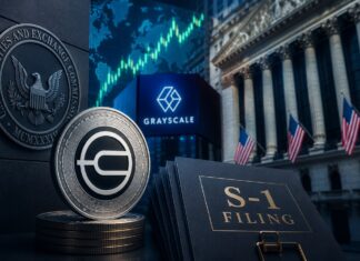 Worldcoin-Token vor Börsengebäude und Finanzsymbolen als Darstellung des geplanten Grayscale-Spot-ETF.