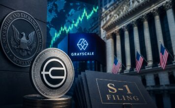 Grayscale beantragt weltweit ersten Worldcoin Spot-ETF – WLD Kurs steigt Worldcoin-Token vor Börsengebäude und Finanzsymbolen als Darstellung des geplanten Grayscale-Spot-ETF.