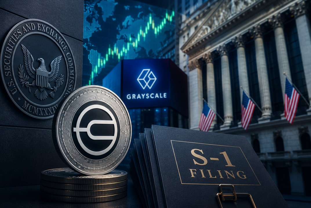 Worldcoin-Token vor Börsengebäude und Finanzsymbolen als Darstellung des geplanten Grayscale-Spot-ETF.