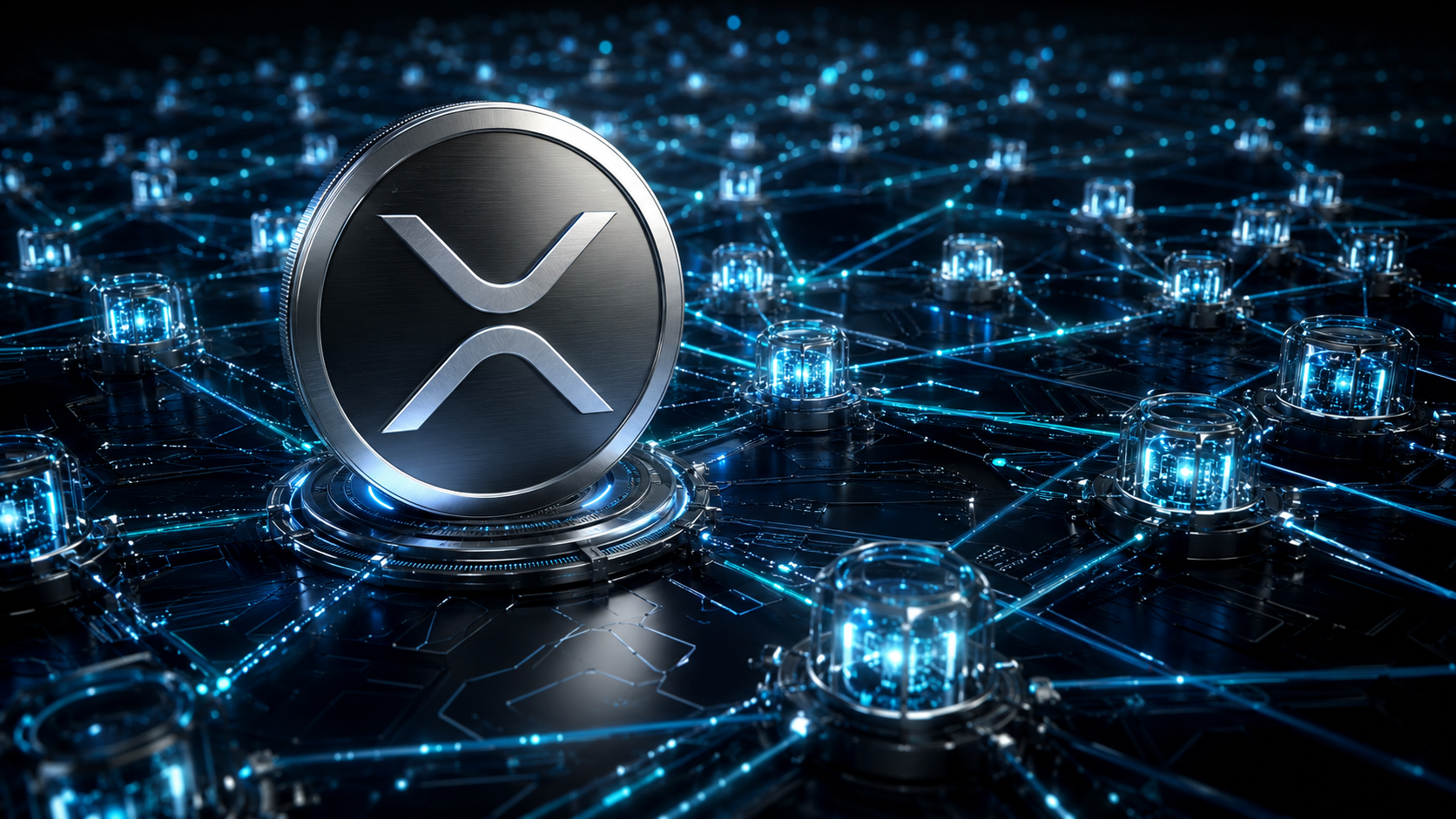 XRP-Münze in einem Netzwerk aus KI-Agenten und digitalen Zahlungskanälen