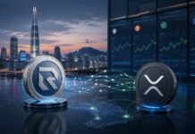 Ripple etabliert RLUSD im wichtigsten XRP-Handelsmarkt der Welt mit 4 neuen Listings RLUSD- und XRP-Symbole vor der Skyline von Seoul mit Kursbildschirmen und digitalen Netzwerkverbindungen.