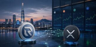 Ripple etabliert RLUSD im wichtigsten XRP-Handelsmarkt der Welt mit 4 neuen Listings RLUSD- und XRP-Symbole vor der Skyline von Seoul mit Kursbildschirmen und digitalen Netzwerkverbindungen.