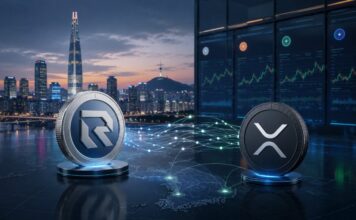 Ripple etabliert RLUSD im wichtigsten XRP-Handelsmarkt der Welt mit 4 neuen Listings RLUSD- und XRP-Symbole vor der Skyline von Seoul mit Kursbildschirmen und digitalen Netzwerkverbindungen.