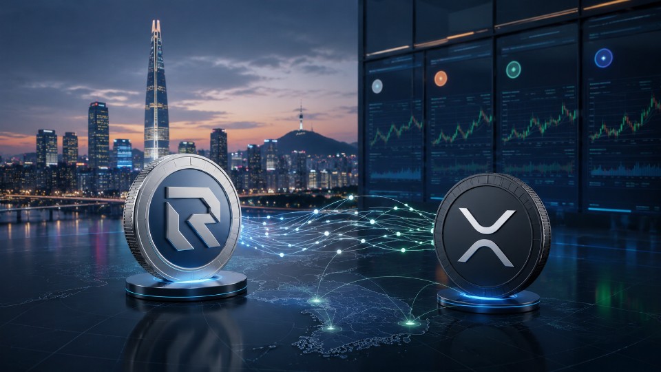 RLUSD- und XRP-Symbole vor der Skyline von Seoul mit Kursbildschirmen und digitalen Netzwerkverbindungen.